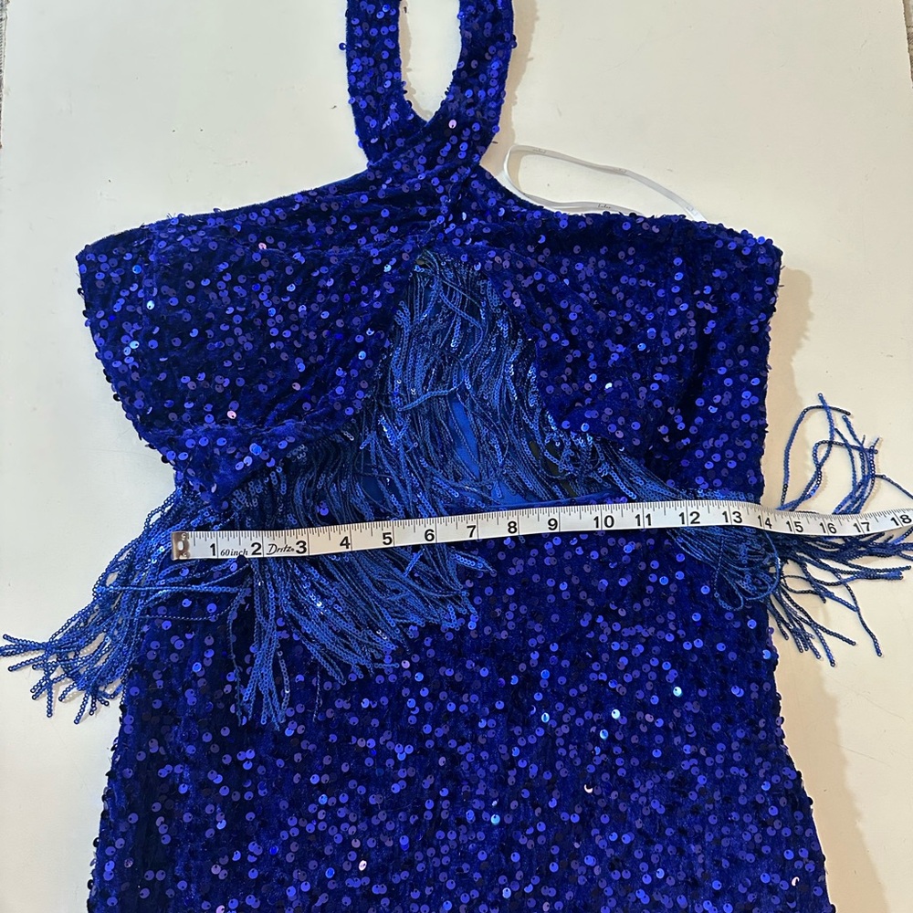 Lulus Royal Blue Elevated Dazzle Velvet Sequin Fringe Halter Mini Dress NWT L - Picture 15 of 16